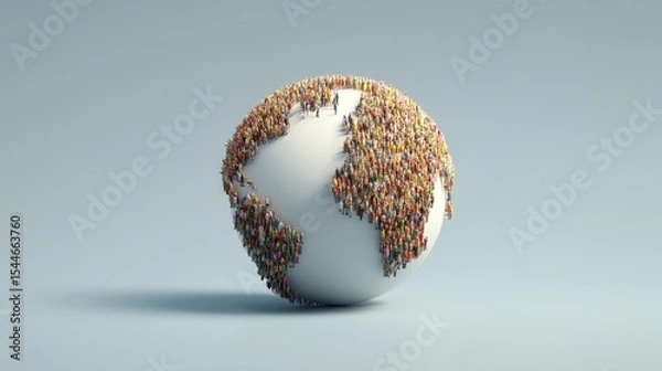 Fototapeta A 3D globe covered by numerous diverse people forming the continents, symbolizing global population and unity.