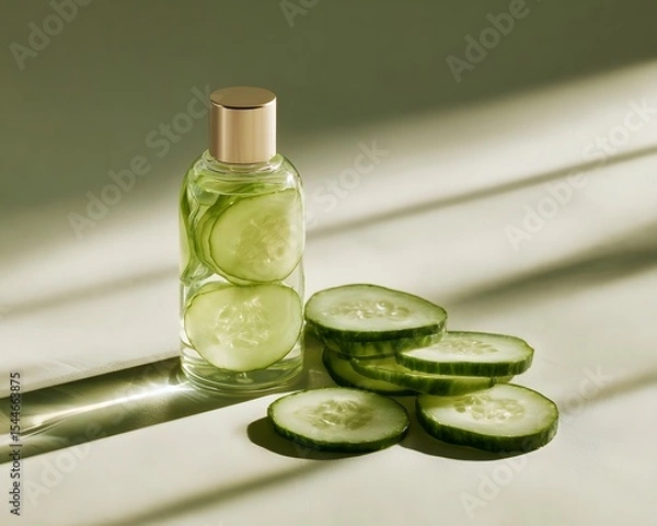 Fototapeta A refreshing cucumber-infused bottle with sliced cucumbers set against a softly lit background