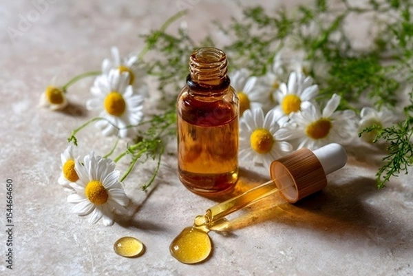 Fototapeta Glass dropper bottle of essential oil surrounded by chamomile flowers on a textured surface