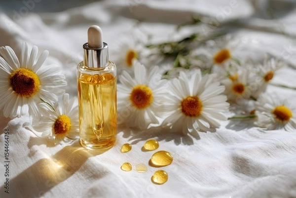 Fototapeta Glass dropper bottle filled with golden oil surrounded by fresh daisies on a soft white fabric backdrop