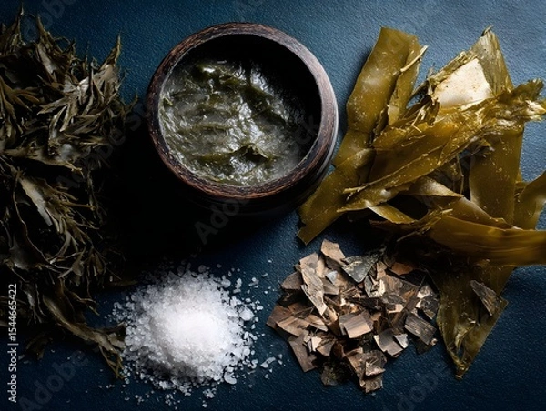 Fototapeta A vibrant arrangement of seaweed, salt, and kelp in a wooden bowl on a dark surface, showcasing natural ingredients