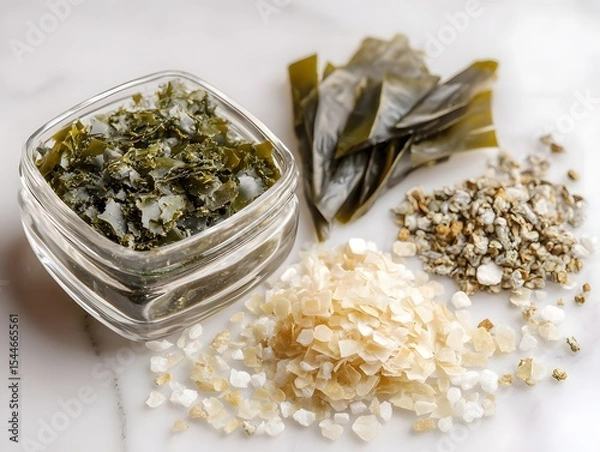 Fototapeta Fresh seaweed and various salts arranged on a marble surface, showcasing natural culinary ingredients