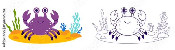 Fototapeta Cute Crab and Sea algae on sandy seabed set. Funny animal. Outline and color drawing. Coloring Page. Vector illustration. Kids collection