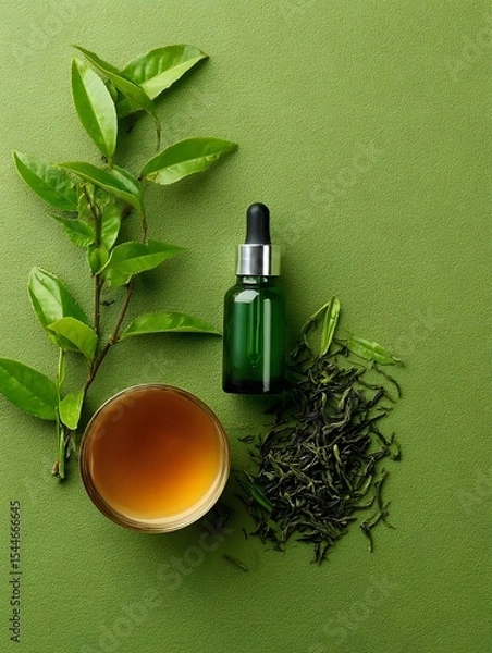 Fototapeta Green tea extract in a dropper bottle beside fresh leaves and brewed tea on a vibrant green background