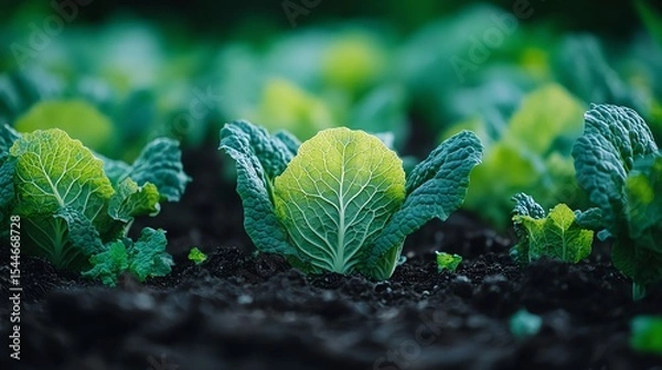 Fototapeta Close-up of vibrant green cabbage leaves in rich soil.