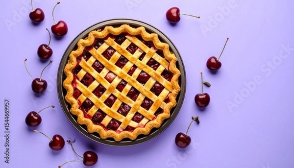 Fototapeta Cherry pie with golden lattice crust surrounded by fresh cherries on a purple background