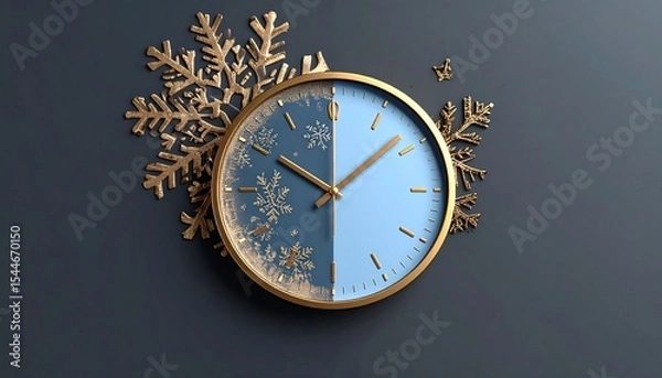 Fototapeta Decorative blue and gold wall clock with snowflake patterns extending beyond the circular frame