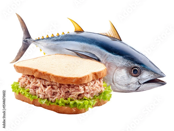 Fototapeta Fresh tuna sandwich with vibrant lettuce and a whole fish beside it, highlighting a healthy meal