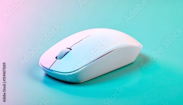 Fototapeta White computer mouse with scroll wheel on a soft pink-to-teal gradient background