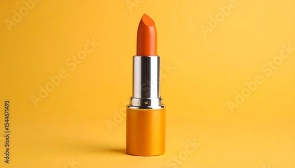 Fototapeta Orange lipstick standing upright on yellow background with metallic square base.