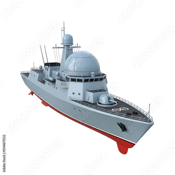 Fototapeta A detailed 3d rendering of a modern naval warship with advanced radar and missile systems.