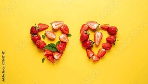 Fototapeta Two strawberry heart shapes arranged on a bright yellow background