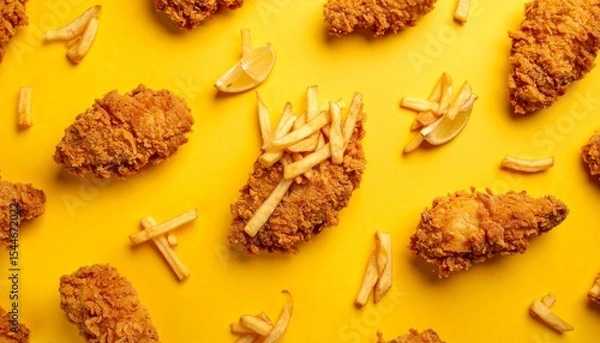 Fototapeta Crispy fried chicken and golden fries scattered over a yellow background.
