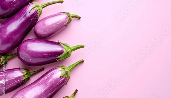 Fototapeta Purple eggplants arranged on the left side of a pink background