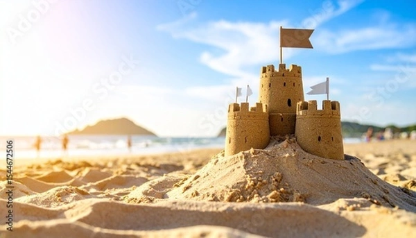 Fototapeta Elaborate sandcastle with towers and flags on a sunny beach near the ocean.