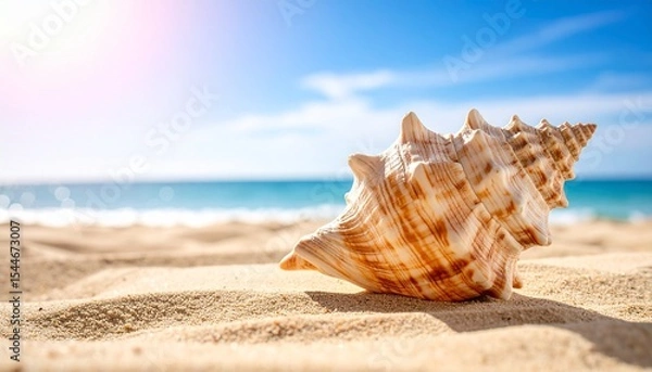 Fototapeta A spiral seashell with pointed ridges resting on golden sand, under a bright blue sky by the ocean, lit by warm sunlight