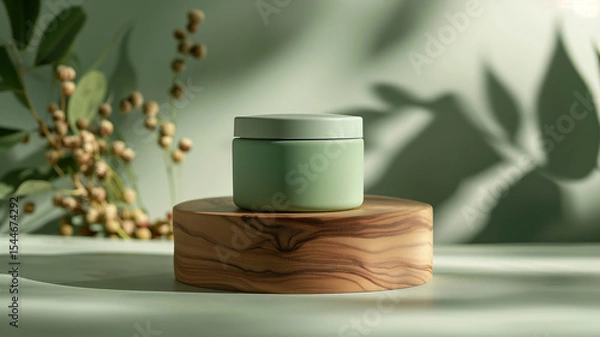 Fototapeta Minimalist skincare product in a green-themed environment with shadows of leaves and warm natural sunlight.