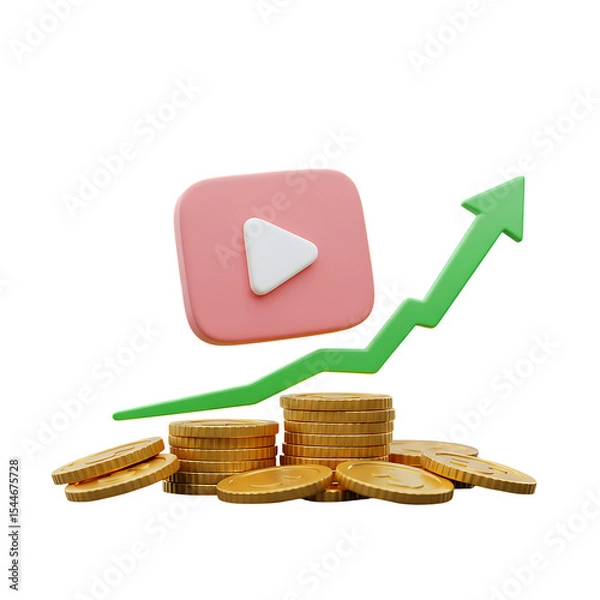 Fototapeta Video Content Creator Success Concept in 3D Gold Coins, growth Arrow Clean Background