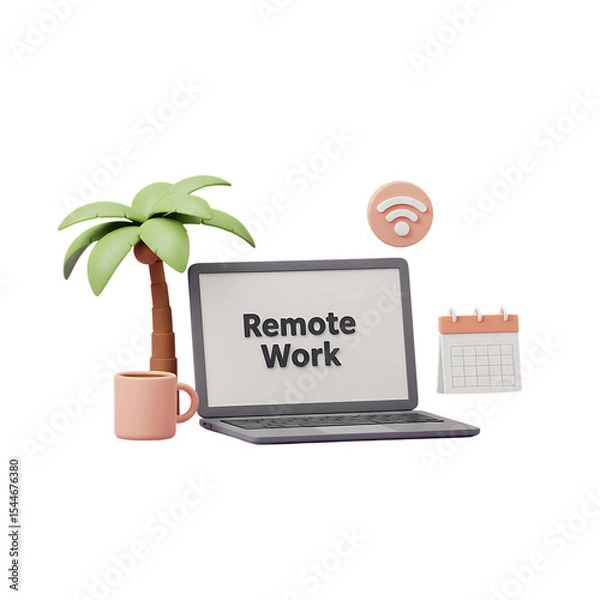 Fototapeta Remote Work Setup with Laptop and Palm Tree Minimalist 3D Office Illustration