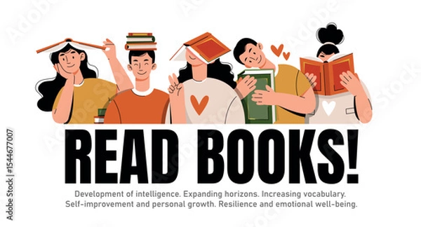 Fototapeta Illustration promoting reading with diverse people enjoying books. Emphasizes intelligence, vocabulary growth, personal development, resilience, and emotional well-being through reading.