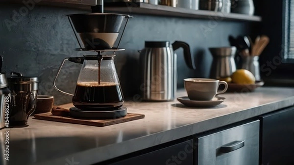 Fototapeta A pour over coffee maker brewing coffee on a kitchen counter with a cup and kettle nearby