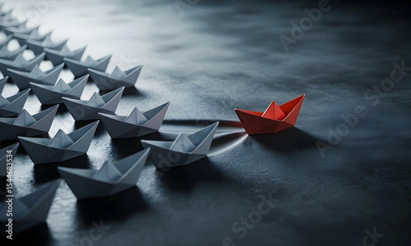 Fototapeta A single red origami boat leading a group of identical white origami boats