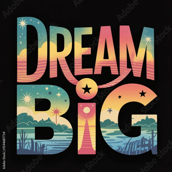 Fototapeta Colorful "Dream Big" text design with scenic background elements  