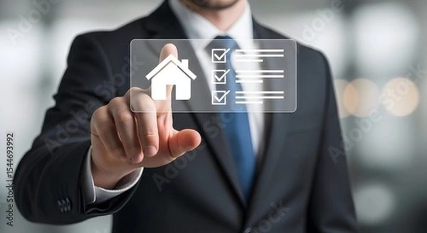 Fototapeta Businessman selects home checklist on touchscreen, real estate technology concept showing digital home buying process and property management.