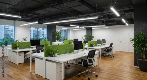 Fototapeta Modern Open Office with White Desks Green Dividers and Plenty of Natural Light