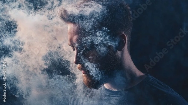 Fototapeta Profile of man dissolving into smoke in surreal artistic portrait with creative emotional visual effects concept