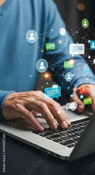 Fototapeta Person using laptop with digital network social media communication icons.  Online interaction connection technology concept.
