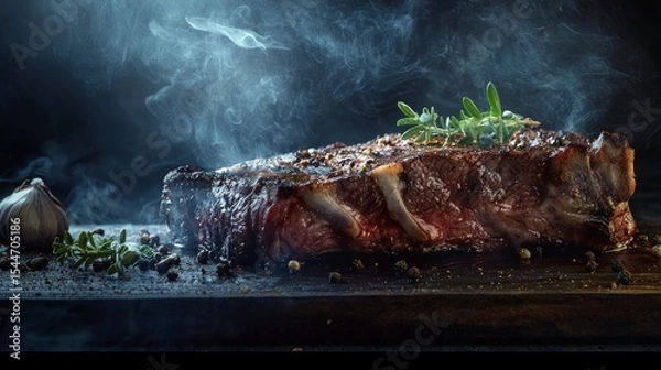 Fototapeta Grilled steak on wooden board with smoke and herbs in dark rustic background for food styling