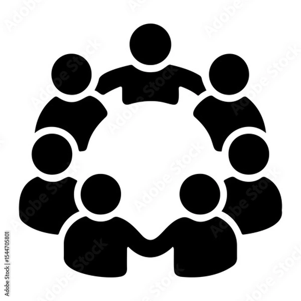 Fototapeta Illustration of a group of eight stylized black figures standing in a circle holding hands on transparent background