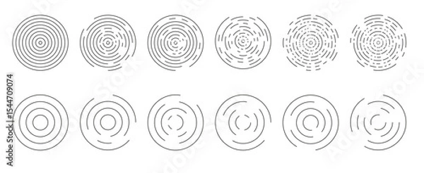 Fototapeta Circular ripple icons. Concentric circles isolated. Vortex, sonar wave, soundwave, sunburst, signal signs. Concentric ripple lines forming circular wave pattern PNG