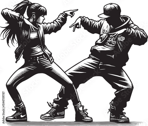 Fototapeta Dynamic hip-hop duo performing street dance in a woodcut style i