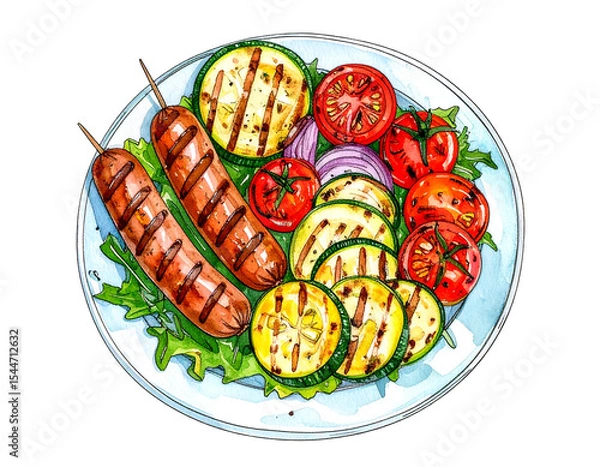 Fototapeta Grilled sausages with vegetables on transparent background: watercolor painting of delicious summer meal
