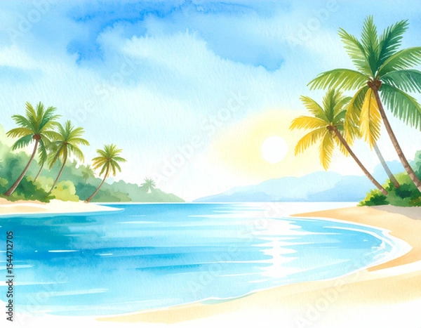 Fototapeta Tropical beach with palm trees and turquoise ocean during sunset watercolor painting