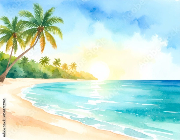 Fototapeta Tropical beach with palm trees at sunset illuminating the turquoise sea