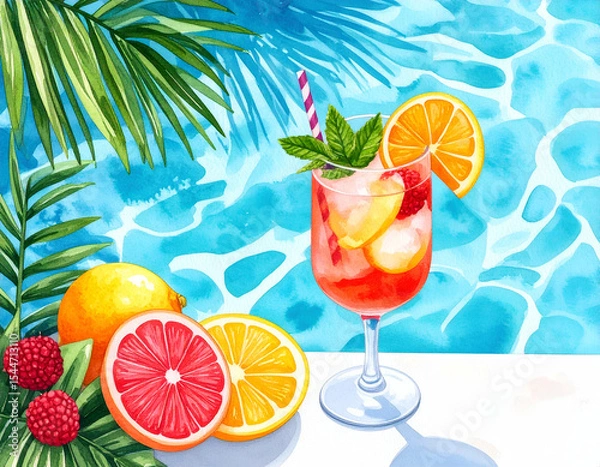 Fototapeta Refreshing summer cocktail with citrus fruits by the pool