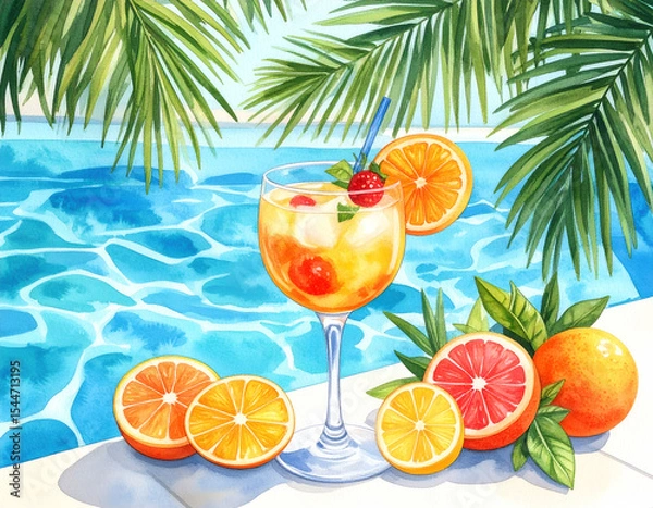 Fototapeta Refreshing citrus cocktail by the poolside embracing summer vibes