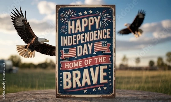 Obraz Patriotic sign with bald eagles in flight rustic americana theme