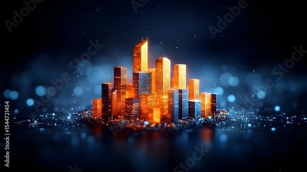 Fototapeta Glowing city skyline, night scene, bokeh background, future concept