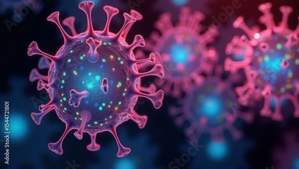 Fototapeta Pink and Blue Coronavirus 3 D Render Microscopic View