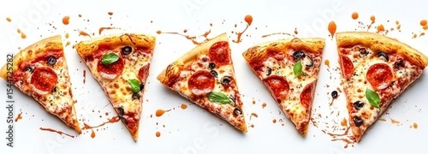 Fototapeta Slices of pizza with toppings and sauce splatters on a white background.