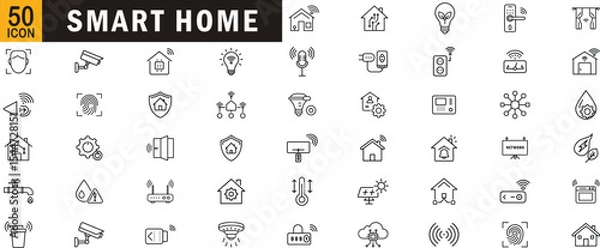 Obraz Smart home editable outline icon set. Automation security energy control sensor lighting voice assistant and more.

