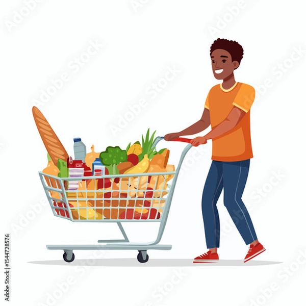 Fototapeta Smiling man pushing a grocery cart overflowing with various food items.
