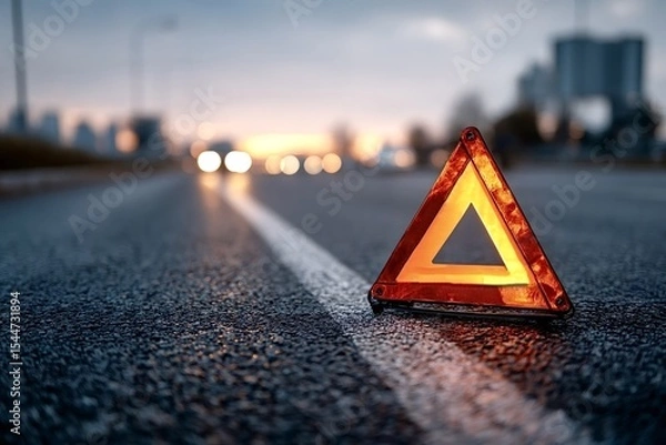 Obraz Red warning triangle placed on asphalt road during sunset, indicating a car breakdown or accident, with blurred city lights in the background emphasizing the need for caution and assistance
