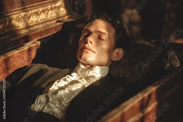 Obraz Sunlit portrait of a deceased gentleman lying in an antique coffin, wearing a ruffled shirt and dark jacket, creating a scene of historical mourning and remembrance