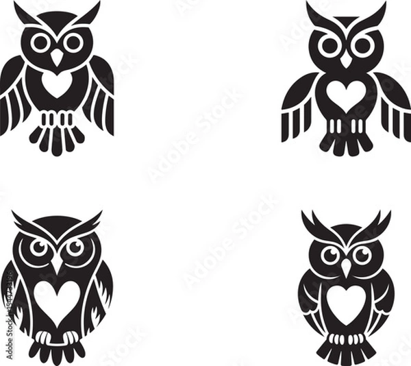 Fototapeta Four Black Owls with White Hearts Simple Design vector