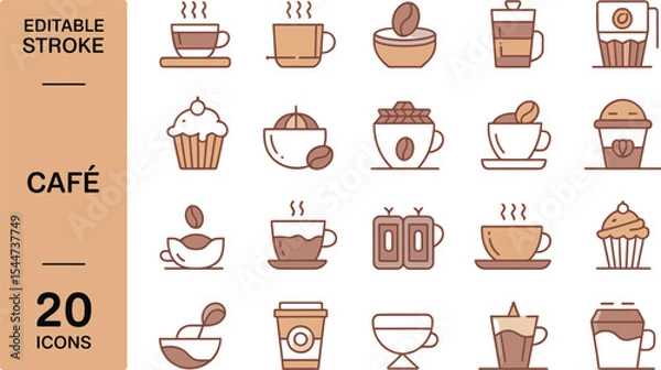 Fototapeta Collection of cafe and coffee icons in line art style